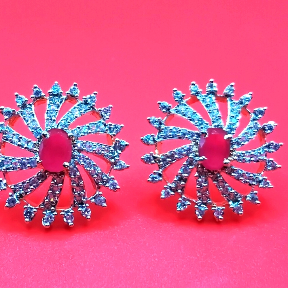 Stunning Red Ruby Center and Diamond Rhinestone Earrings